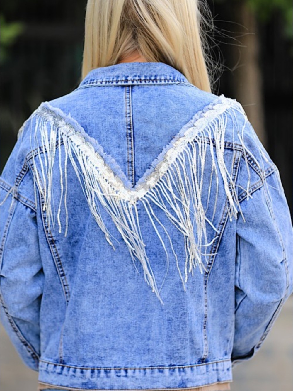 ShopEvelynne Light Blue Denim Jacket with White Fringe